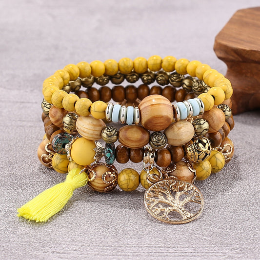 Ensemble de bracelets à perles avec breloque arbre de vie Boho - Jaune - Lot de 4