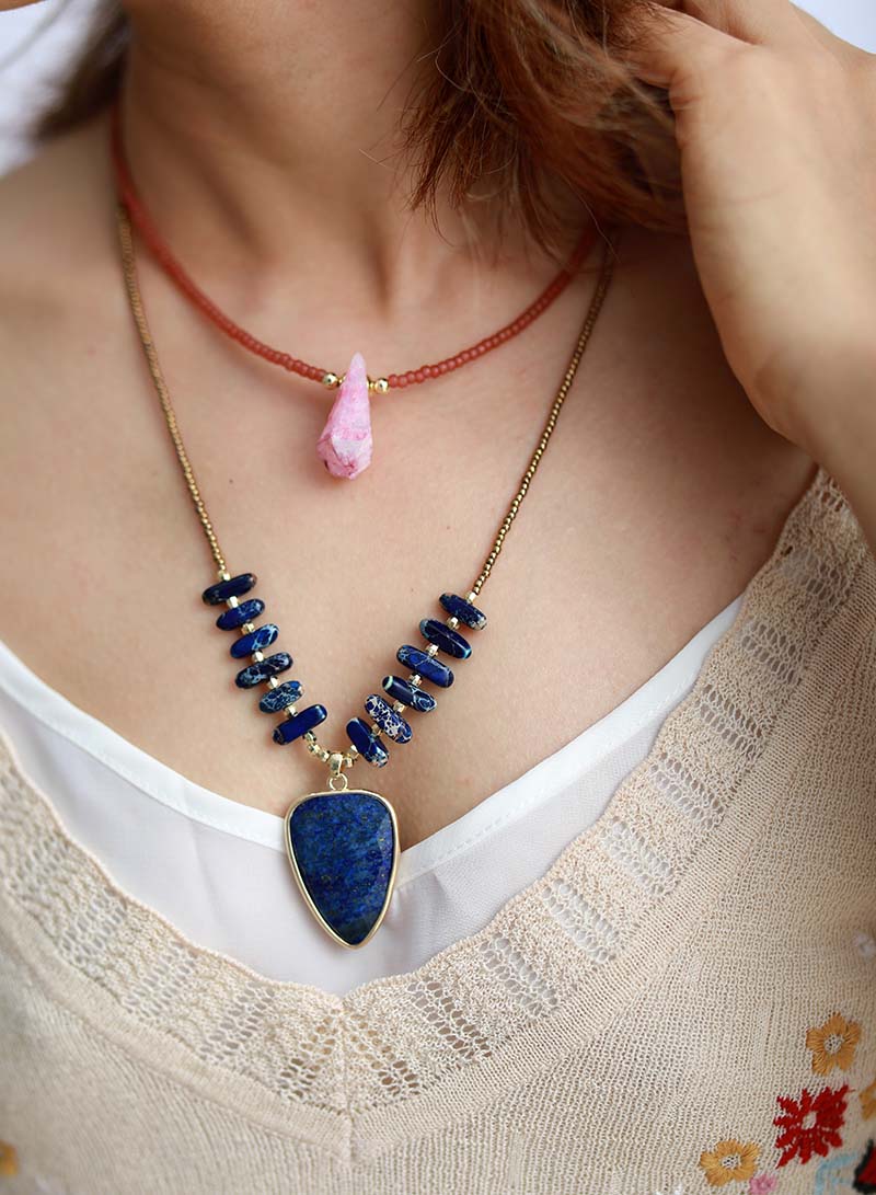 Khalee Samo Bohemian Natural Stones Lapis Pendant Necklace Women Exquisite Charm Beaded Choker Necklace OL Jewelry Femme Wholesale