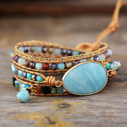 Khalee Samo Multilayered Leather Wrap Bracelet W/ Natural Stone Amazonite Beaded Strands Bracelet Boho Beads Jewelry Wholesale Dropship